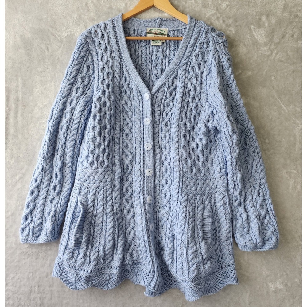 Aran Crafts Cardigan Sweater Womens Size Large Merino Wool Ireland Chunky Blue